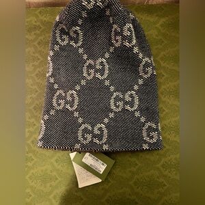 Gucci Monogram Brown, Denim Blue and White Beanie